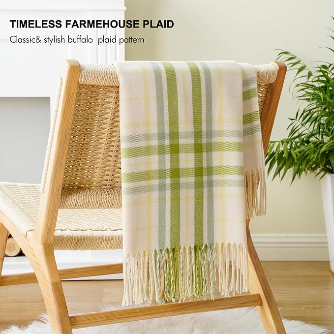 BATTILO HOME Spring Summer Plaid Throw Blanket for Couch Bed, Decorative White Green Stripe Blanket Throw Farmhouse Throw Blankets, Buffalo Checkered Plaid Blankets and Throws for Home Decor