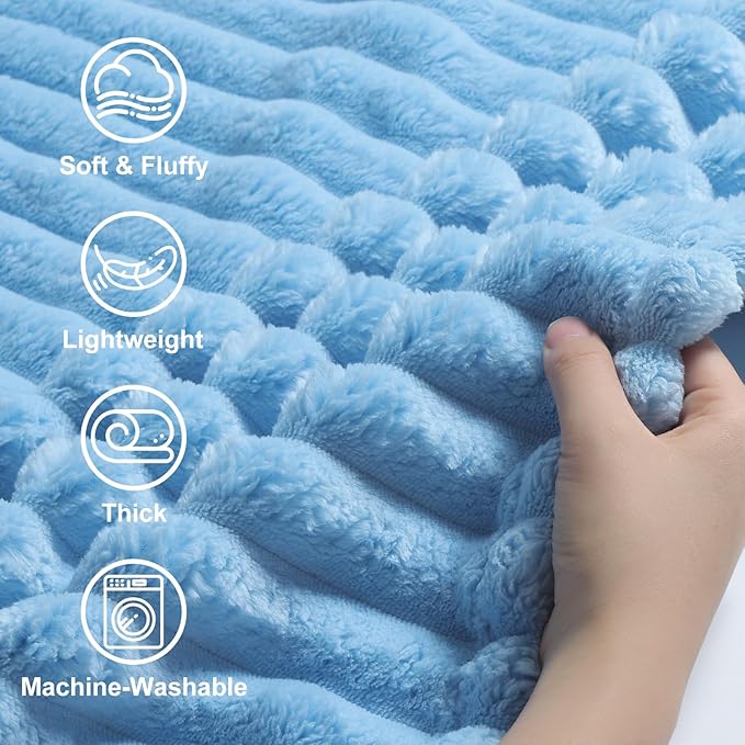 decorUhome Soft Fleece Blue Blanket King Size for Bed, Cozy Fluffy Plush Flannel Large Striped Throws for Couch Sofa, Lightweight Decorative Fuzzy Blanket for Woman, 108x90 Inches