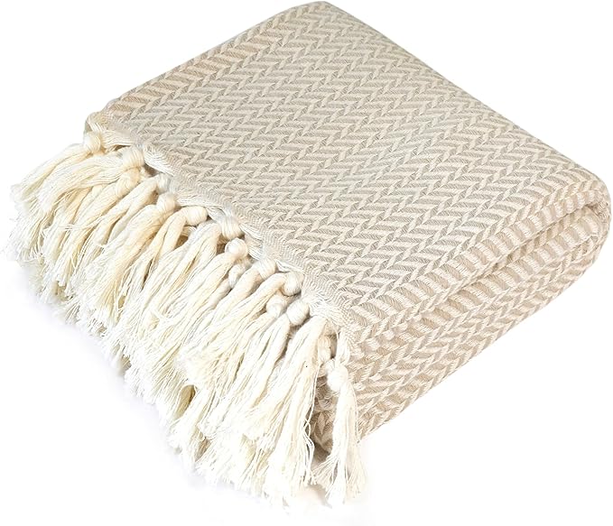 Peshtemania Premium Cotton Boho Throw Blanket Fall Throw Blanket |50”x60”| Beige Cream for Bed Sofa Couch Outdoor Farmhouse Turkish Throws and Blankets for Bedroom Picnic Blankets Yoga Blanket