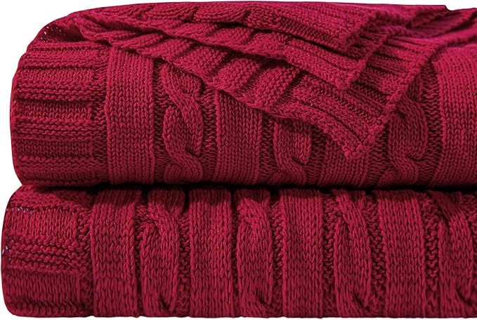 NTBAY 100% Pure Cotton Oversize (60x80) Cable Knit Throw Blanket, Super Soft Warm Knitted Throw Blanket for Bed, Sofa, Chair, Couch - Extra Cozy, Machine Washable, Comfortable Home Decor, Red
