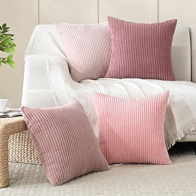Volcanics Set of 4 Pink Corduroy Decorative Couch Throw Pillow Covers 18x18 Inch, Valentine's Day Farmhouse Striped Cushion Cases, Soft Boho Square Accent Pillow Covers for Home Sofa