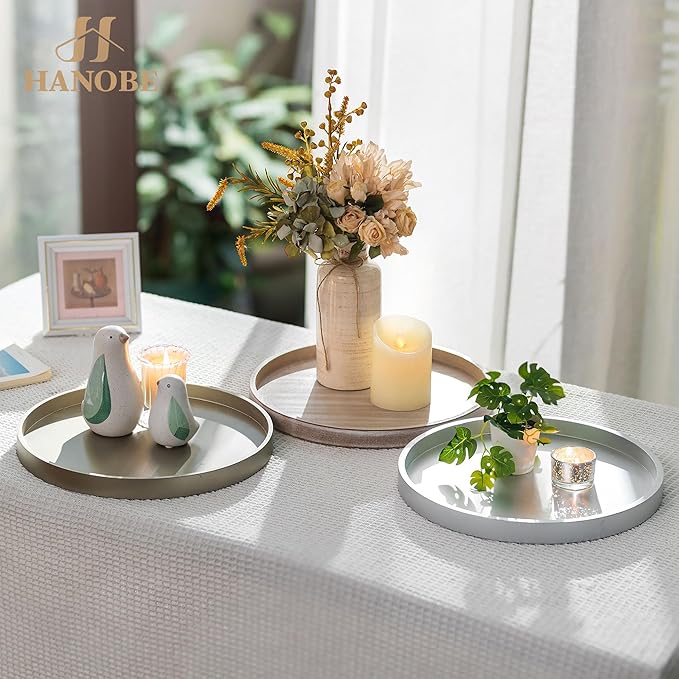 Hanobe Candle Plate Holder Tray: Champagne Sliver Round Wood Candle Plate Decorative Centerpiece Small Tealight Pillar Trays for Living Room Dining Coffee Table Home Decor