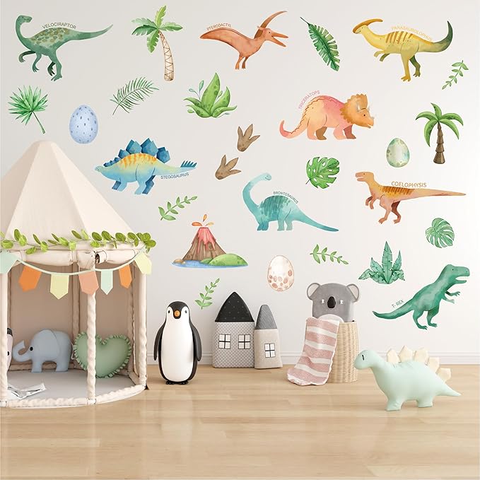 Dinosaur Wall Decals- Dino Palm Tree Wall Stickers Peel and Stick Wall Decor for Boys Room Bedroom Living Room Nursery Classroom Playroom Home