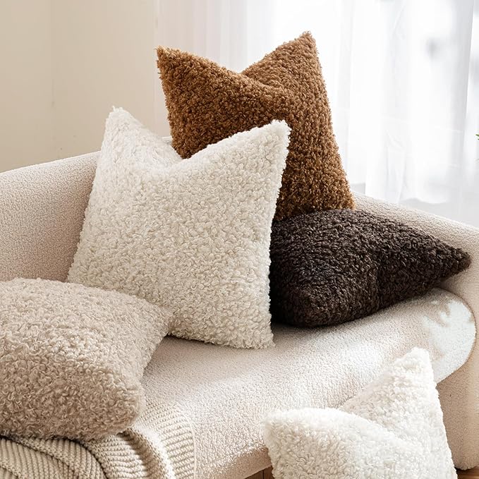 MIULEE Pack of 2 Faux Fur Throw Pillow Covers 20x20 Inch Neutral White Boucle Decorative Sherpa Pillow Covers Fuzzy Accent Soft Sheepskin Fleece for Boho Home Decor Sofa Living Room Couch Bed