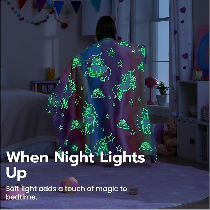 Joiedomi Glow in The Dark Blanket Unicorn Toys for Girls Age 2 3 4 5 6 7 8 9 10 11 12 Year Old Girl Gifts, Soft Cozy Flannel Kids Throw Blanket, Birthday Bedroom Decor 40"×60"
