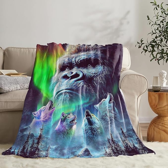 Gorilla Wolf Blanket for Girls Women Boys Men Adults Kids Soft Cozy Fleece Aurora Chimpanzee Foot Throw Blankets Gifts Warm Flannel Plush Lightweight Decor for Couch Bed Sofa 80"X60"