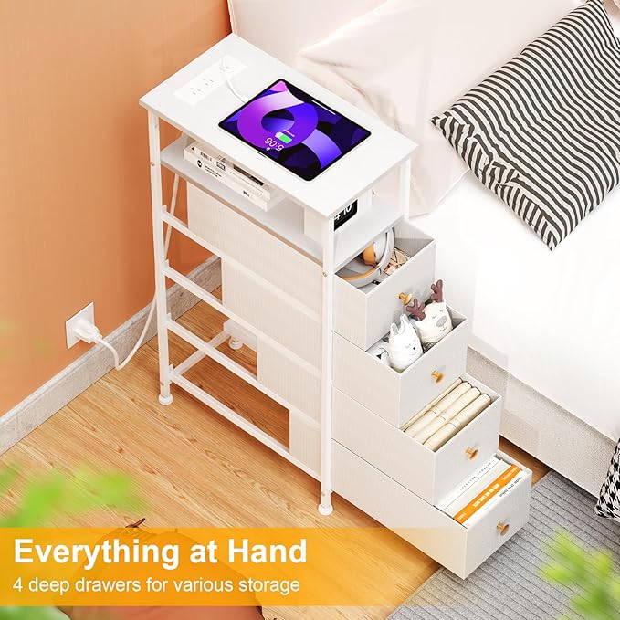 Narrow Bedside Table with USB Port, 4 Drawers Storage Cabinet, Nightstand with Power Socket, Suitable for Small Space Bedroom, Living Room, White