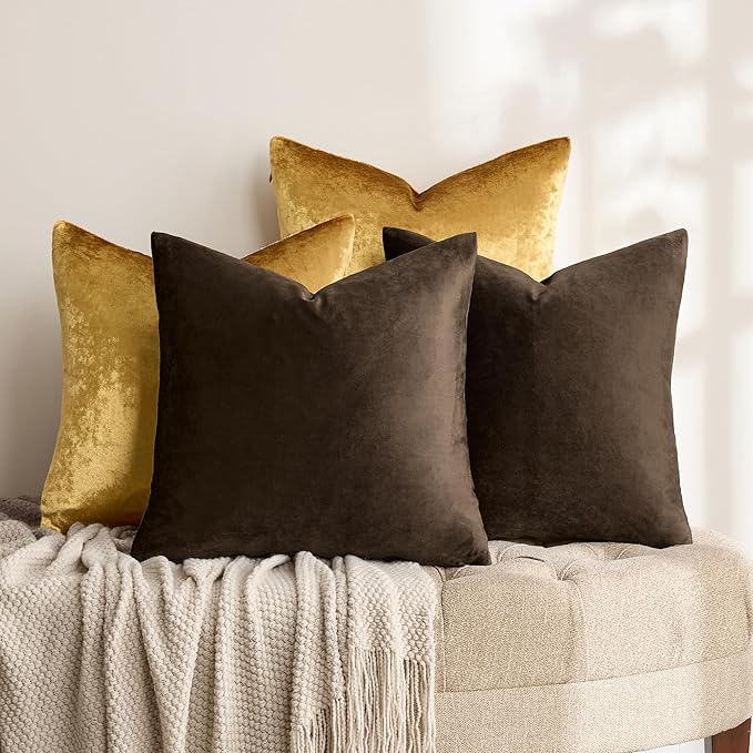 GIGIZAZA Brown Gold Velvet Pillow Covers,16x16 Soft Throw Pillow Covers Set of 4 Square Decorative Modern Pillows Covers for Living Room
