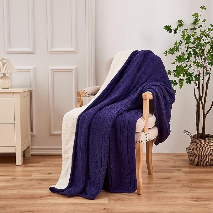 Longhui bedding Acrylic Cable Knit Sherpa Throw Blanket - Thick, Soft, Big, Cozy Knitted Fleece Blankets for Couch, Sofa, Bed - Large 60 x 80 Inches Coverlet All Season,Purple