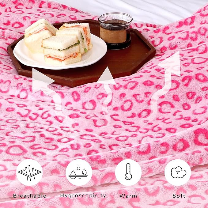 Pink Throw Blanket for Women - Soft Fuzzy Fleece Leopard Throw Cheetah Print Couch Bed Blankets, Pink Birthday Valentines Day Gifts for Her, Cute Stuff Aesthetic Room Decor for Teen Girls