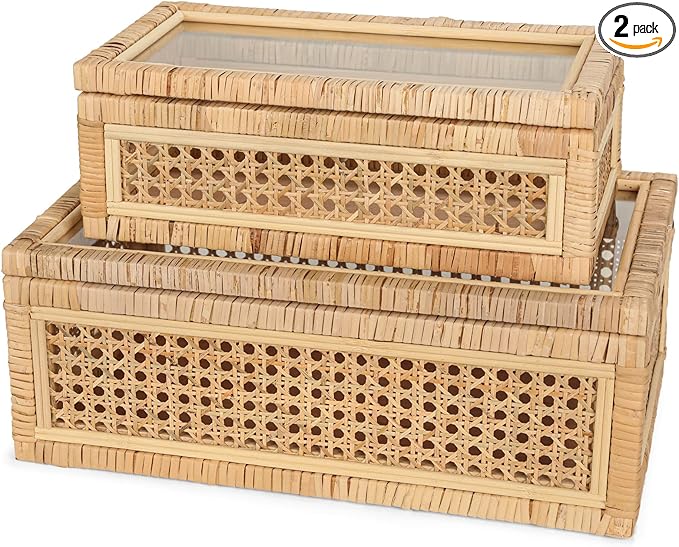 Large Handwoven Boho Rattan Display Boxes with Glass Lids - Set of 2 Rectangular Decorative Storage Bins - Natural Woven Cane Home Decor Organizers (15.55" x 9.64" x 5.9" & 12.48" x 6.88" x 4.52")