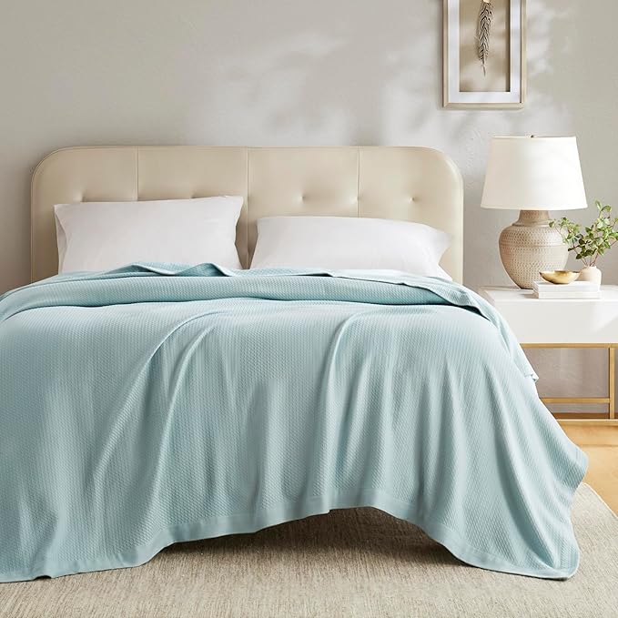Madison Park 100% Egyptian Cotton Lightweight Summer Blanket, Breathable Waffle Knit Design, Soft Cozy All-Season Throw for Bed, Couch or Sofa, Light Blue King Size (108"x90")
