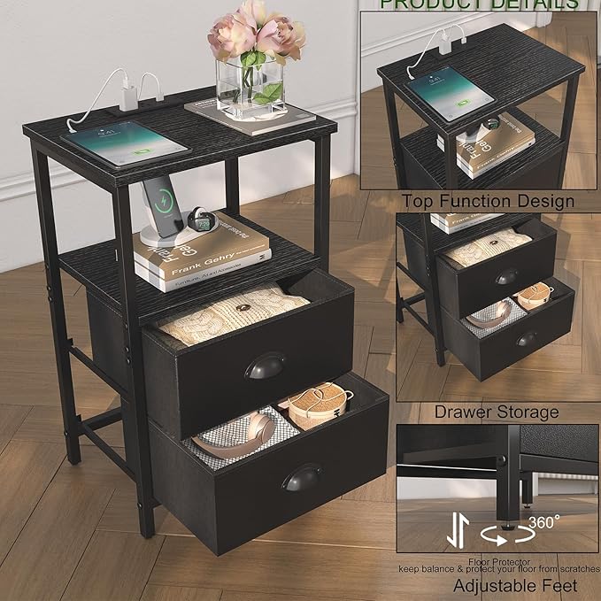 Nightstand with Charging Station, Night Stand with 2 Fabric Drawers PU Finish, Bedside Table End Table with LED Light, 3-Tier Storage Side Table Nightstand with Drawers for Bedroom,Black