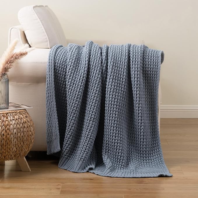 Bunnikins & Clover Blue Grey Throw Blanket for Couch, Thick Warm Soft Cozy Knitted Chenille Throw Blanket for Sofa, Bed, Living Room, 60"x80"