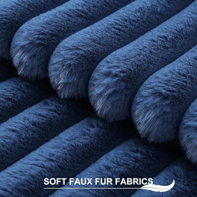 Pallene Faux Fur Plush Throw Pillow Covers 20x20 Set of 2, Luxury Soft Fluffy Striped Decorative Pillow Covers for Sofa, Couch, Living Room, Navy Blue