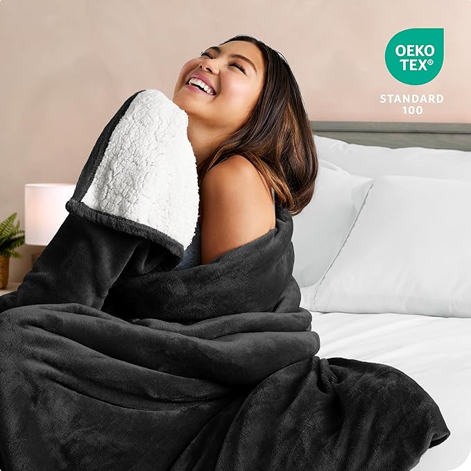 Bare Home Sherpa Fleece Blanket - King Size - Blanket for Bed, Sofa, and Couch - Warm & Lightweight - Fluffy & Soft - Reversible (King, Black)