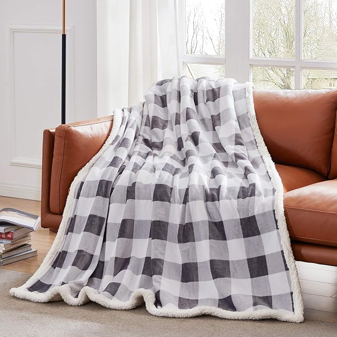 Touchat Sherpa Plaid Twin Blanket 60" X 70", Fuzzy Fluffy Soft Cozy Throw Blanket, Twin Size Plush Fleece Flannel Plush Microfiber Blanket for Couch Bed Sofa (Grey)