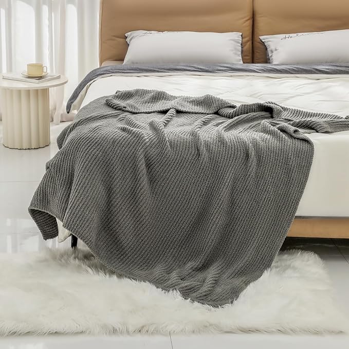 bearberry Soft Rib Knit Blanket Thin Warm & Breathable - Snuggly Minky Throw for Everyday Use, Travel, Chair | All-Season Machine Washable for Couches, Gifts, Family (Grey, 50”x60”)