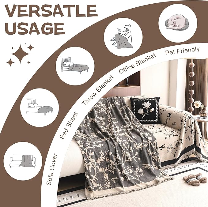 HANDONTIME Couch Cover for Dogs Washable Bird Floral Pattern Slipcovers for Couches and Sofas Camel Sofa Covers with Black Jacquard Flower Chenille Couch Cover Blanket Pet Friendly, 71" X 118"