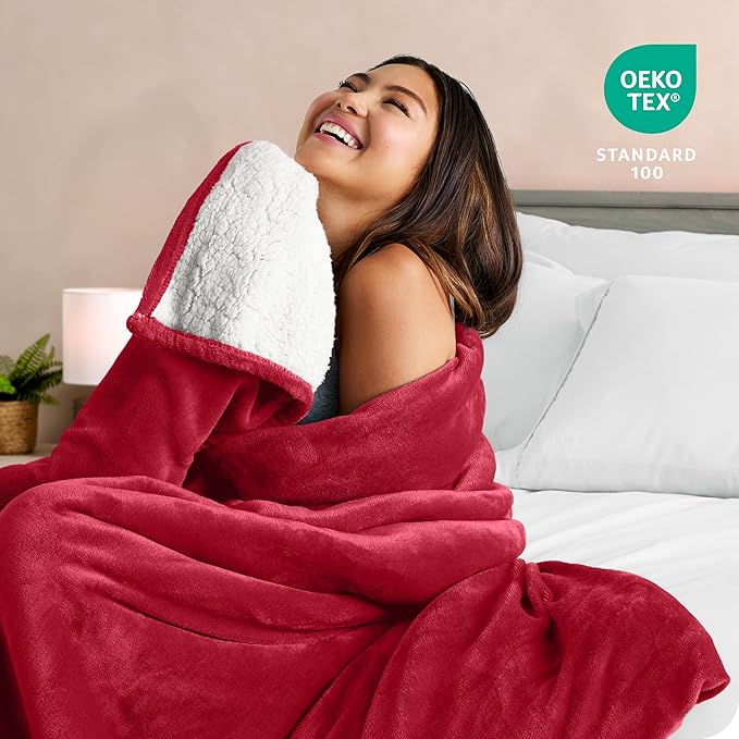 Bare Home Sherpa Fleece Blanket - Throw/Travel Size - Blanket for Bed, Sofa, and Couch - Warm & Lightweight - Fluffy & Soft - Reversible (Throw/Travel, Red)