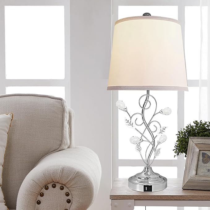 24.5in Modern Table Lamps - Set of 2, Silver with 2 USB Charging Ports, White Bedside Lamps for Nightstand, Unique Vine Leaf Design for End Table Reading