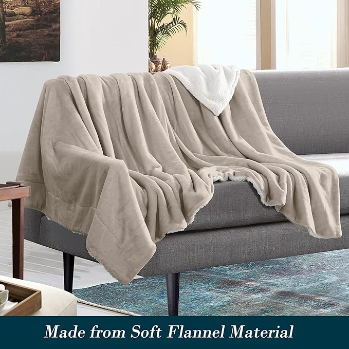 Mocassi Premium Ultra-Soft Flannel Fleece Sherpa Throw Blanket - Warm Cozy Reversible Plush Micromink Blanket for Couch, Bed and Sofa - Fluffy, Christmas Winter Bedding Gift, Queen, Cream