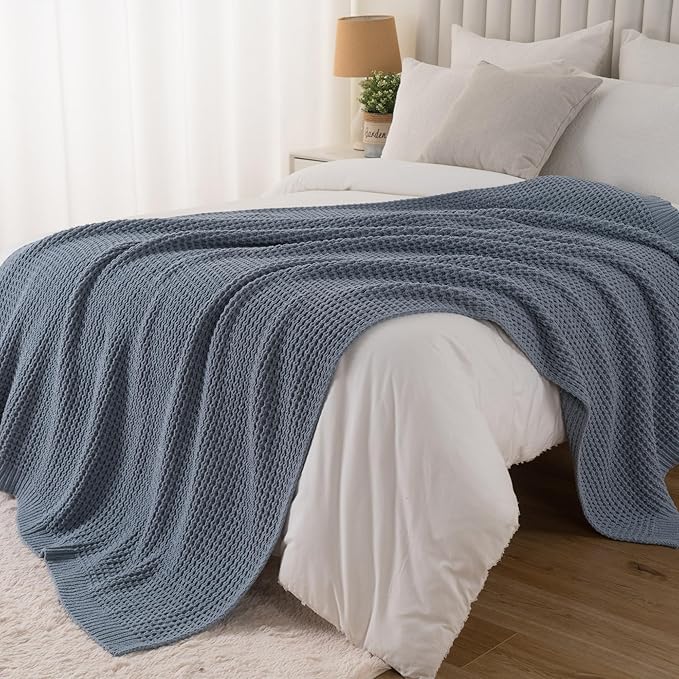 Bunnikins & Clover Blue Grey Throw Blanket for Couch, Thick Warm Soft Cozy Knitted Chenille Throw Blanket for Sofa, Bed, Living Room, 50"x60"