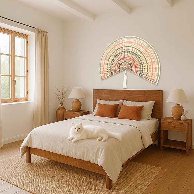 CHICVILLAGE Bamboo Wall Fan Decor - 60” Handmade Woven Bamboo Wall Hanging Fan, Large Japanese Fan Wall Decor for Above Bed, Boho Natural Asian Wall Art, Lightweight & Easy to Hang (Boho Folding Asian Style)