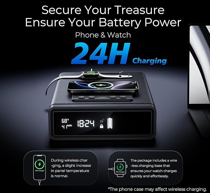 Smart Biometric Gun Safe with Wireless Charging, Bluetooth App Control, 4 Unlock Methods, Bedside Drawer Safe LED Display,Money Box for Valuables, Gifts for Men