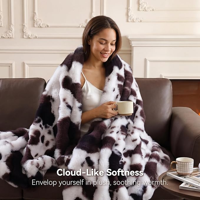 Smoofy Faux Fur Throw Blanket for Couch – Cow Print Fluffy Cozy Rabbit Fleece, Plush Soft Bubble Blanket for Sofa & Bed, Gifts for Mom, Warm Fuzzy Home Room Decor Throw 60" x 80"