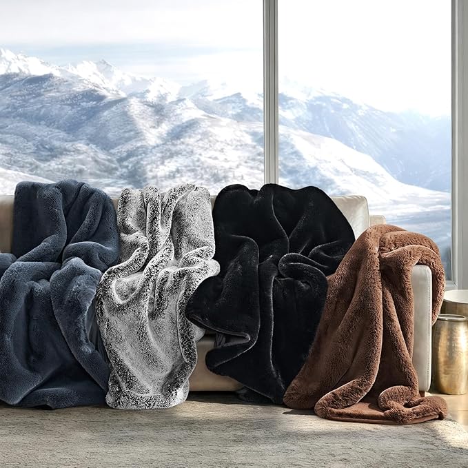 EVERGRACEHOME Luxury Soft Faux Chinchilla Fur Throw Blanket for Couch, Warm Thick Heavy Winter Throw Blanket 1220GSM for Bed, Fluffy Cozy Mink Blanket with Reversible Velvet, Stormy Blue Mink, 50"x60"