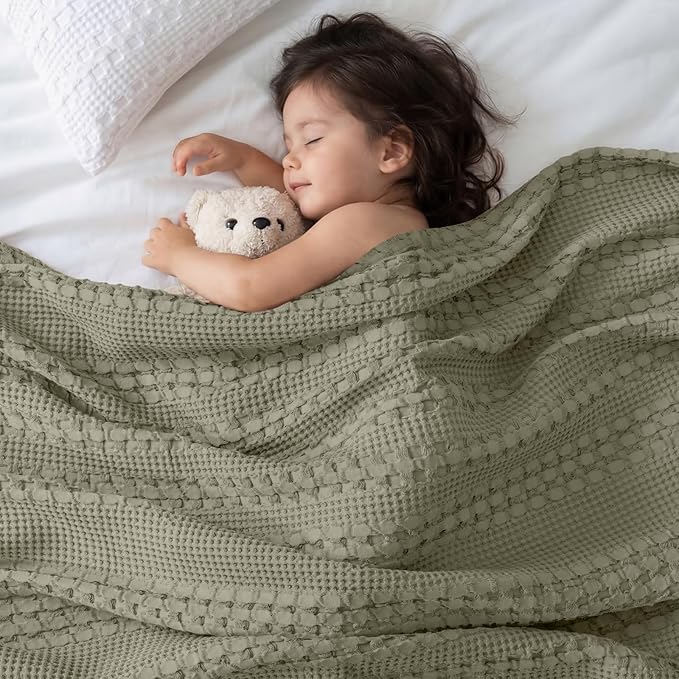 PHF 100% Cotton Waffle Weave Blanket Queen Size for Bed, Soft Lightweight & Breathable for Spring and Summer, All-Season Comfort, Luxury Aesthetic Blanket for Home Decor, 90"x90", Dusty Sage