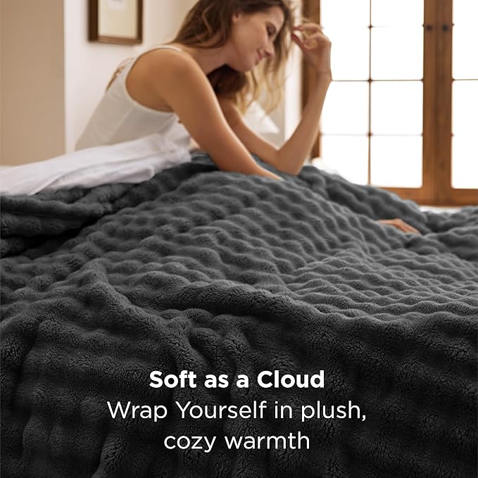 Bedsure 3D Fleece Bubble Blanket - GentleSoft Grey Queen Blanket for Bed Sofa Room Decor - Luxury Soft Cozy Gifts for Women, Lightweight, All Seasons, Dark Grey, 90"×90"