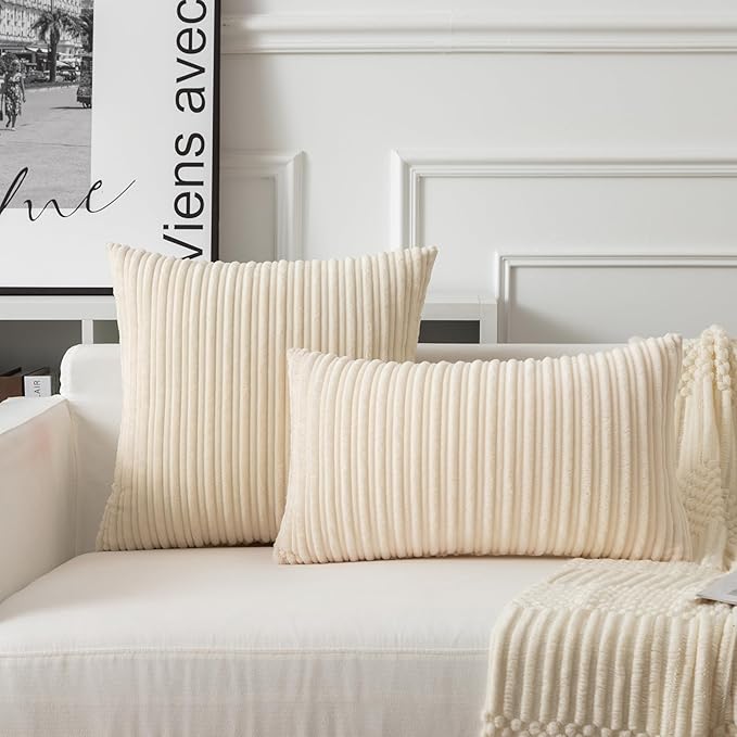 UGASA 12x24 Inch Pillow Cover Pack of 1 Soft Boho Stripe Corduroy Long Rectangular Lumbar Cushion Cover Farmhouse Decorative Throw Pillowcase for Bed, Couch, Sofa, Bedroom, Living Room, Cream