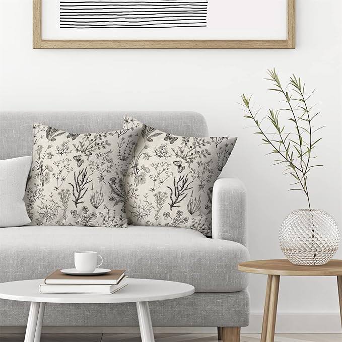 AEIOAE Spring Pillow Covers 20x20 Inch Set of 2,Black Gray Wild Flower Plant Throw Pillows Case,Seasonal Floral Outdoor Decorative Square Linen Farmhouse Decor Cushion Covers for Home Sofa Bed Couch