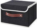 ANMINY Storage Bin with Lid Storage Boxes with PU Leather Handles PP Plastic Board Decorative Foldable Lidded Cotton Linen Fabric Home Cubes Baskets Closet Organizer Container - Black, Small Size