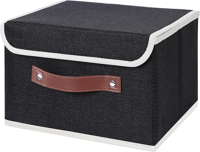 ANMINY Storage Bin with Lid Storage Boxes with PU Leather Handles PP Plastic Board Decorative Foldable Lidded Cotton Linen Fabric Home Cubes Baskets Closet Organizer Container - Black, Small Size