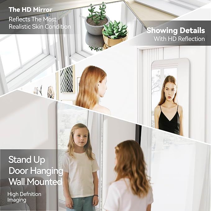 57x20 Door Hanging Full Length Mirror, Floor (Height 5.7ft just Body in 1.3ft) or Wall Mounted Metal Frame Rectangle Dressing Mirrors for Bedroom Bathroom Living Room 57 inch Silver