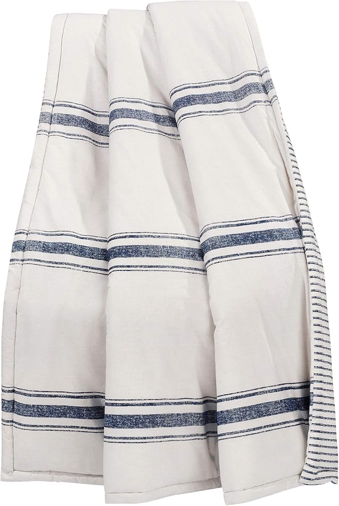 Lush Decor Farmhouse Stripe Reversible Throw, Single, 50" W x 60" L, Navy - Blue Throw Blanket For Bed - Soft Blanket - Couch Throw - Rustic Farmhouse Decor