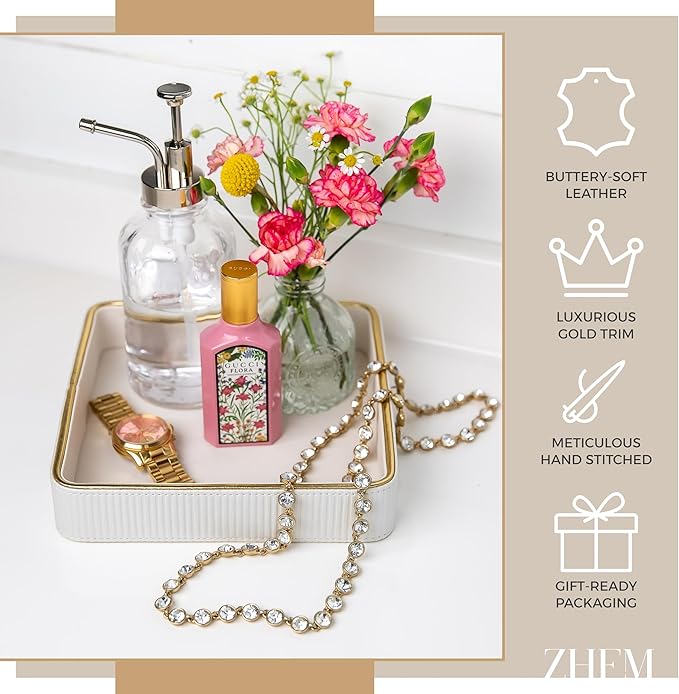 ZHEM Small Night Stand Organizer Nightstand Tray Bedside Table Organizer Women| Dresser Trays for Bedroom Leather Valet Trinket Tray Catch All| Purse Bowl| Valet Tray for Women (White)