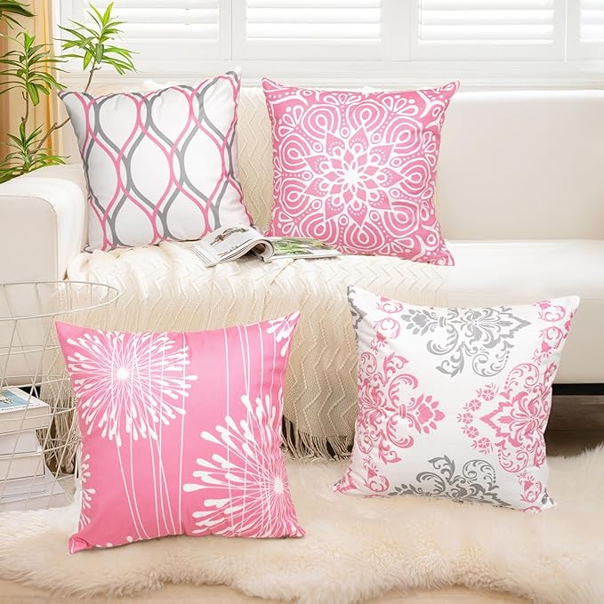 Coliuso Decorative Throw Pillow Covers 18x18 Set of 4, Pink and White Modern Simple Square Pillow Case Cushion Cover for Sofa Couch Farmhouse Living Room