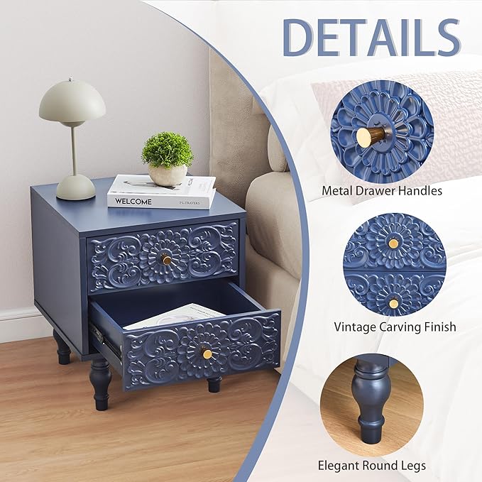 Nightstand, Farmhouse Bedside Table with 2 Drawers and Metal Handles, Wood Sofa Side Table End Table Accent Dresser for Bedroom, Living Room (Blue-2 Packs) (15.75 x 16.02 x 18.15 Inch)