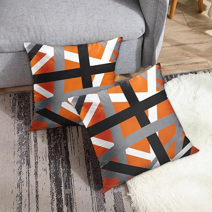 Emvency Set of 2 Throw Pillow Cover Orange Black Stripes Grey White Design Retro Decorative Pillow Case Striped Home Decor Square 18x18 Inch Cushion Pillowcase