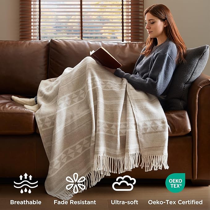Woolrich Cotton Blend Jacquard Throw with Fringe Edge, Lightweight All-Season Decorative Throw Blanket, Machine Washable, Oeko-TEX Certified, Ivory Stripe, 50"x60"