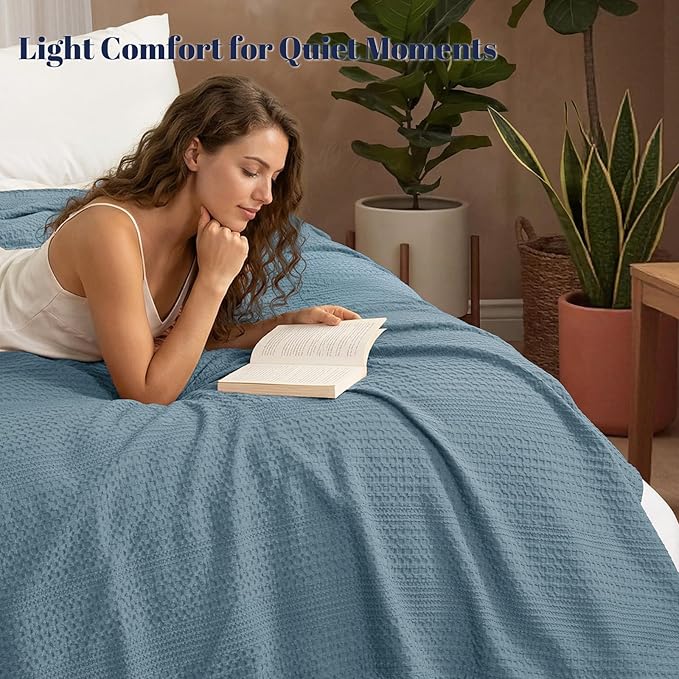 PHF Lightweight Waffle Weave Blanket Twin Size, Breathable & Ultra Soft, 66"x 90" Soft & Cozy Thin Blanket for All Season & Hot Sleepers, Bed, Home Decor - Stormy Blue
