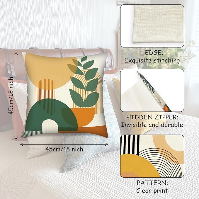 PICKFORU Boho Throw Pillow Covers Set of 4, 18x18 inch Abstract Yellow Green Throw Pillowcase Modern Art Cushion Case for Couch Sofa