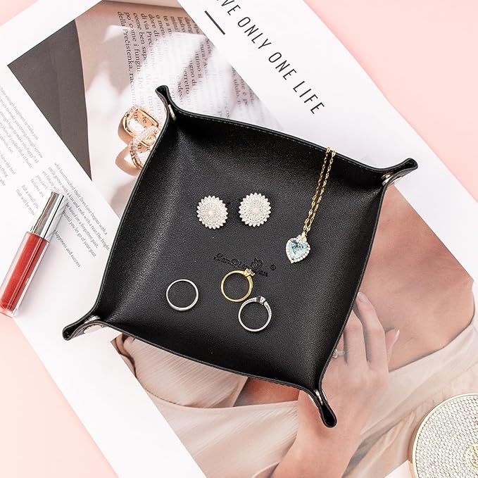 SANQIANWAN PU Leather Arc Edge Jewelry Valet Tray for Man and Women, Portable Mini Entryway Table Tray Bedside Nightstand Desk Tray Small Travel Dish Plate for Key,Wallet,Watch,Coin (Black)