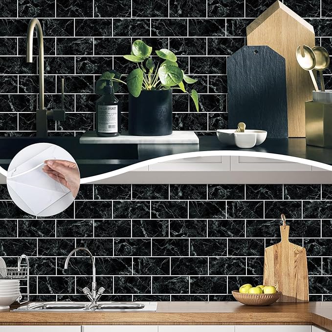 HLNIUC 16-Sheet Black Marble Wall Tiles, 8'x4', Peel And Stick, Waterproof, PVC Self Adhesive, Kitchen & Bathroom Backsplash
