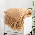 Winter Knit Throw Blanket Fluffy Fuzzy Soft Lightweight Cozy Farmhouse Tassels Chunky Knitted Throws for Couch Sofa Bed (Camel, 50"x60")