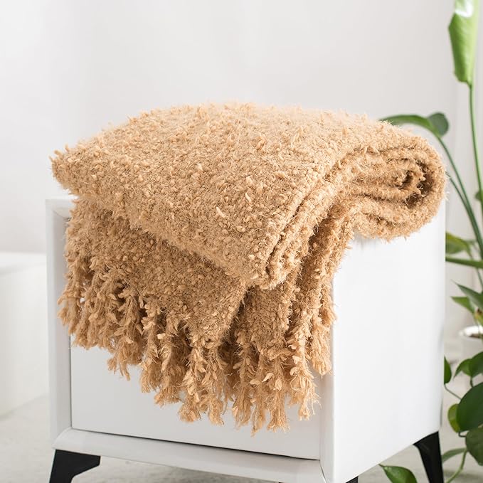 Winter Knit Throw Blanket Fluffy Fuzzy Soft Lightweight Cozy Farmhouse Tassels Chunky Knitted Throws for Couch Sofa Bed (Camel, 60"x80")